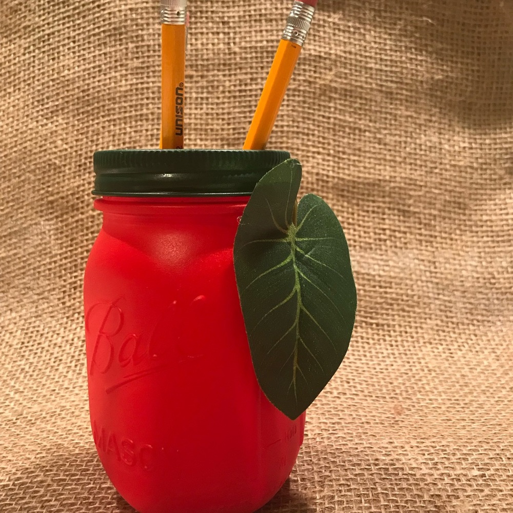 Set of 6 Mason Jar Apple and Pencil Hand painted